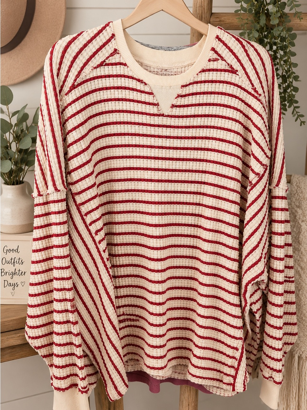 American Eagle Striped Waffle Knit Notch Neck Top – Size Large #1004